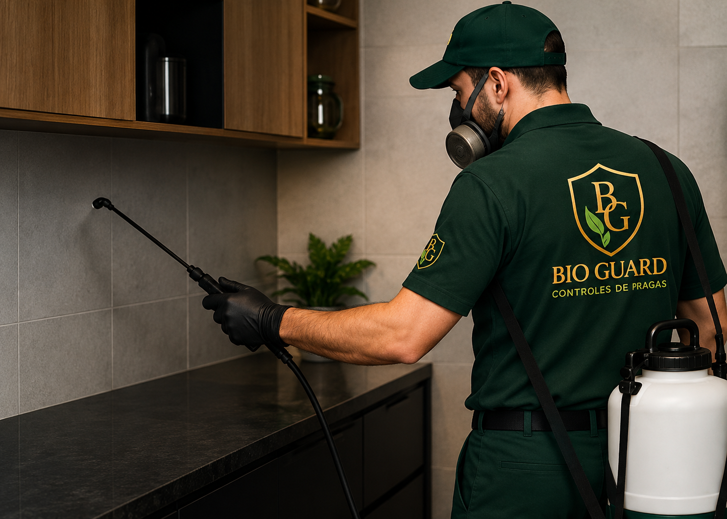 Técnico Bio Guard aplicando produto profissional de controle de pragas